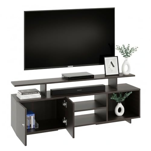 Image of FURNEASER Eskido Engineered Wood TV Entertainment Unit, Floor Standing TV Cabinet with Storage Shelves for Living Room, TV Stand for 32,43,50 & 55 Inch TV (Exotic Teak & White) (Wenge)