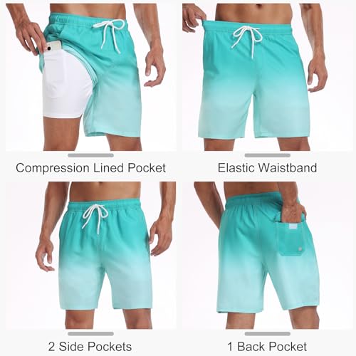 Image of Mens Swim Trunks with Compression Liner 2 in 1 Quick Dry Swimming Shorts Swimwear Bathing Suits with Pockets