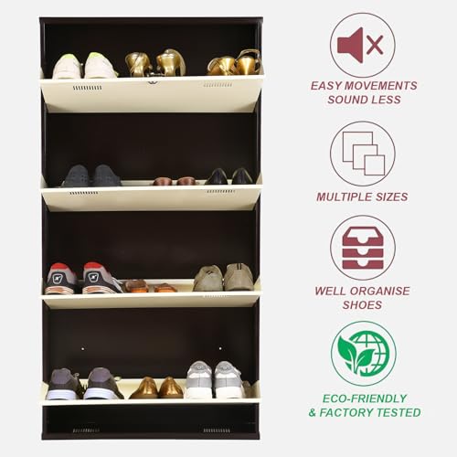 Image of Metal Shoe Rack Wall Mounted for Home with Central Locking 4 Door 28 inch Wall Mounted Metal 12 Pair Rack Cabinet Pre-Assembled Rack Shelves 3 Year Warranty (Brown & Ivory)