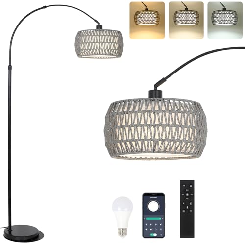 Image of Arc Standing Lamp, Boho Floor Lamps for living room with Remote and LED Dimming Bulb, Rattan Tall Lamp for Bedroom with 3 Color Temperatures, Height Adjustable Farmhouse Stand up Light for Office