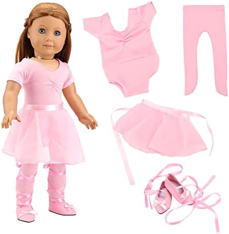 Barwa 4 Pcs Doll Ballerina Clothes Set Includes Doll Ballerina Dance Costume for 18 Inch Girl Doll Pink Leotard with Tutu Skirt Tights & Ballet Shoes for 18 Inch Dolls(NO Doll)
