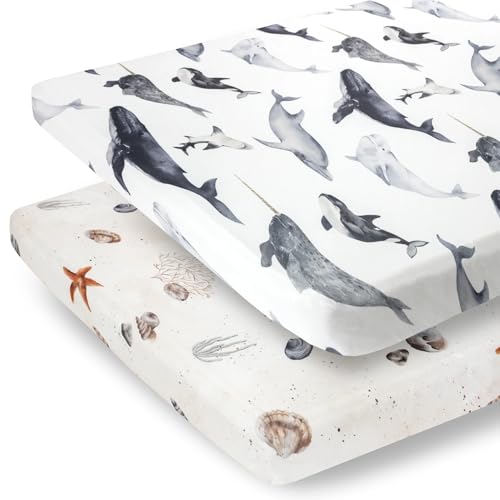 Image of Pobibaby - 2 Pack Premium Pack N Play Sheets Fitted for Standard Pack and Plays and Mini Cribs - Ultra-Soft Jersey Knit, Stylish Ocean Pattern, Safe and Snug for Baby (Seaside)