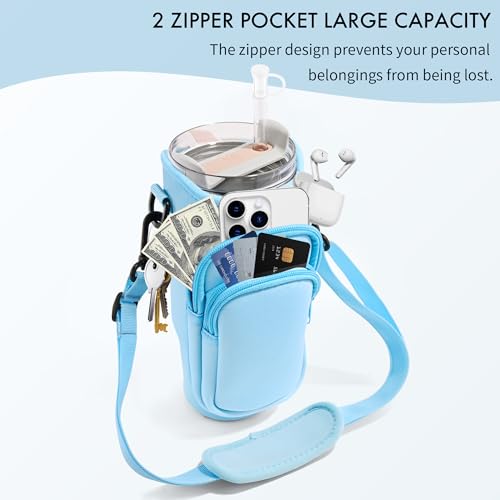 Image of Water Bottle Carrier Bag with Phone Pocket for Stanley Cup 40 /30 oz, Water Bottle Holder with Adjustable Strap& Straw Cover, Stanley Cup Accessories (Blue)