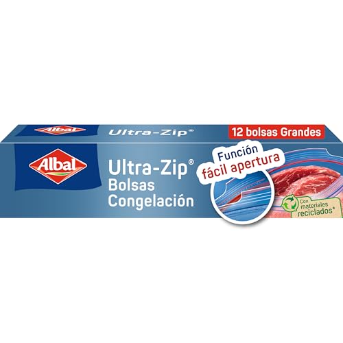 Albal Bolsas Congelación Ultra Zip 3 Litros, Fabricadas con 70% de Materiales Reciclados, Muy Resistentes, Reutilizables, Reciclables, Cierre Ultra Zip Hermético, 12 Bolsas Grandes. Libres de BPA