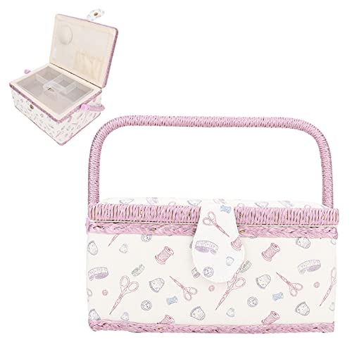 WAHEWUD Cestino da cucito, scatola portaoggetti da cucito, comoda maniglia, design a doppio strato, grande capacità, cestino da cucito per la casa per riporre fili, forbici, bottoni
