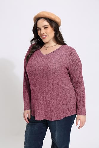 Image of RITERA Plus Size Sweater, Ribbed Long Sleeve Solid Top for Women | Soft vertical ribbed knit, modest V neck, loose long sleeves, curved swing hem, slimming casual layering top for curvy women