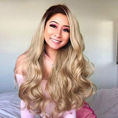 Ombre Ash Blonde Lace Front Wigs 2 Tone Natural Long Straight Heat Resistant Synthetic Hair Wigs for Women Half Hand Tied 24 inch Glueless Wig (W-2)