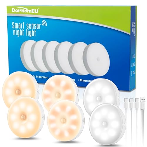 daphomeu 6Pcs Lampe Detecteur de Mouvement Interieur, Veilleuse Detecteur de Mouvement Pour Couloir Cuisine, éclairage D'escalier, Chambre D'enfant, éclairage D'armoire
