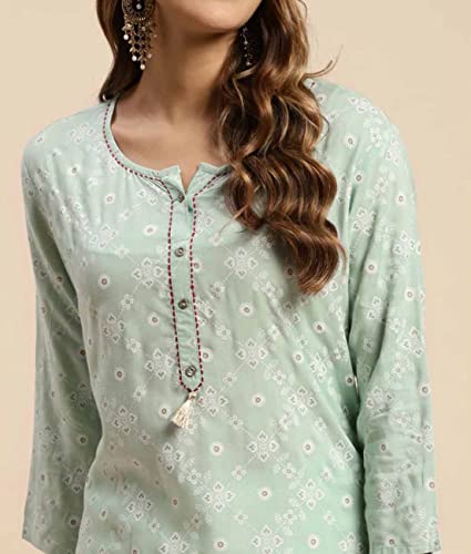 Image of rangita Mint Green Rayon Calf Length Printed Straight Kurti for Women | Kurta for Women