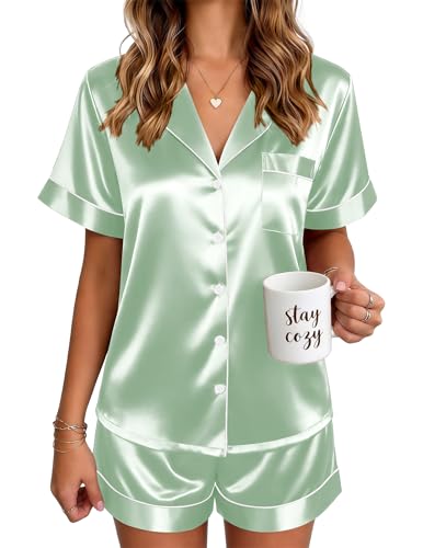 Image of Ekouaer Satin Pajamas for Women Silk Pjs Short Set 2 Piece Lounge Sets
