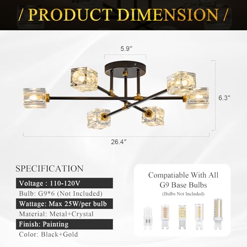 Image of Black Gold Crystal Semi Flush Mount Ceiling Light Fixture Industrial 26 inch Sputnik Chandeliers 6 -Light Modern Chandelier for Foyer Entryway Kitchen Bedroom Living Room Dining Room