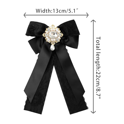 Image of Women's Black Lace Trimmed Ribbon Bowtie with Rhinestone Pre-tied Necktie