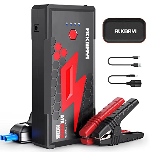 3000A Peak Car Battery Jump Starter, Up to 10.0L Gas and 8.0L Diesel Engines, ATKMAYI 20000mah Car Battery Booster Pack, Portable Jump Starter Box with Type-C Quick Charger 3.0 and LED Light