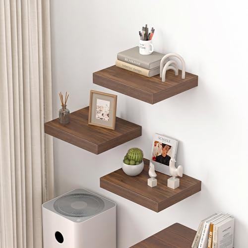 Image of Dreamland 16 inch Floating Shelves for Wall, 12 inch Deep Thicker Walnut Floating Shelves, Wall-Mounted Shelves for Bedroom, Living Room, Kitchen, Bathroom - Set of 3