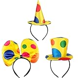 GWAWG 3 piezas Clown Hat Diadema para cabeza, Jumbo Polka Dots Headwear, Bowknot Headdress Diadema para el cabello, Jester Diadema para la cabeza, payaso top sombrero de cabeza
