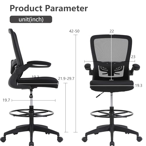 Image of BestOffice Drafting Chair Tall Office Chair Adjustable Height with Lumbar Support Flip Up Arms Footrest Mid Back Task Mesh Desk Chair Computer Chair Drafting Stool for Standing Desk (B-Black)