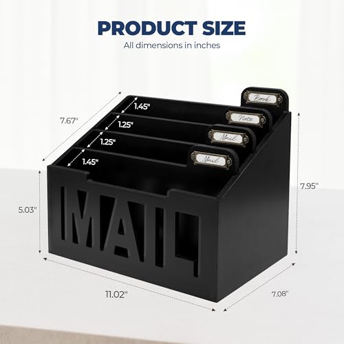 ADDFIT HOUSE Mail Organizer Countertop – Black Holder for Desk with 4 Slots & Label Tags, Decorative Desktop Sorter, Bill Storage and Envelope Tray for Organized Home Office Accessories (11x7x8 in) by ADDFIT HOUSE - Image 3