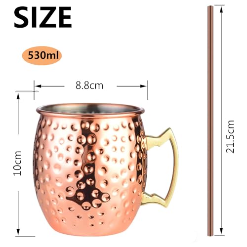 Jjojcll Mule Copper Mugs - Set of 4-100% HANDCRAFTED - Food Safe Pure Solid Copper Mugs - 530ml，Cup with 4 Copper Straws Great Dining Entertaining Set