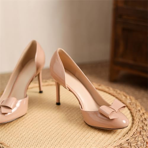 Women's Patent Leather Close Round Toe Bow Slip On Stiletto High Heel Pumps Wedding Party Office Work Dress 2.36 Inch Shoes4