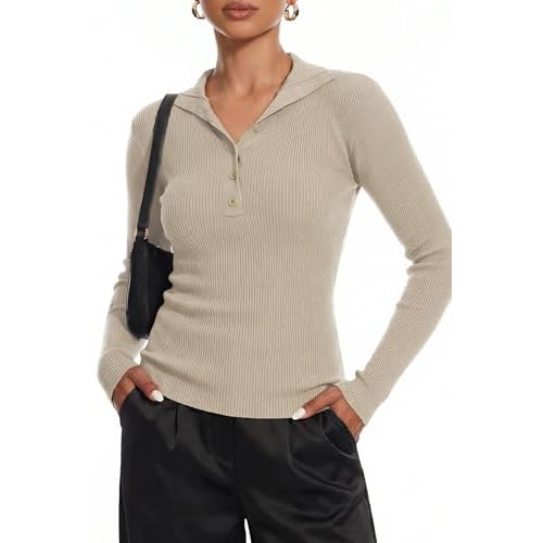 Women's 2025 Fall Button Down Lapel V Neck Long Sleeve Ribbed Knit Casual Slim Tops Apricot X-Large