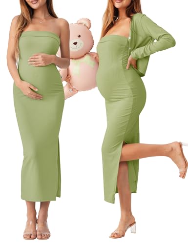 QUNISY 2 Piece Strapless Maternity Dress & Cardigan Set for Baby Shower