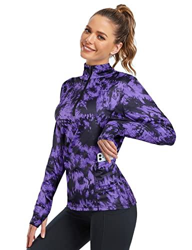 Misyula Quarter Zip Pullover Women Long Sleeve Workout Tops Thumbholes Running Hiking Shirts 2 Pockets Tie Dye Purple Xl #TOP2