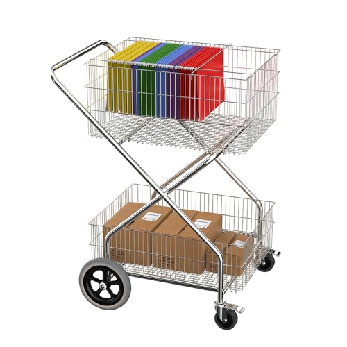 Yeeoy Steel Wire Mail Cart, Rolling Utility Cart File Cart, 200 Lb Capacity Grocery Cart with Upper and Lower Baskets for Laundry, Grocery, Office, Kitchen, Restaurant