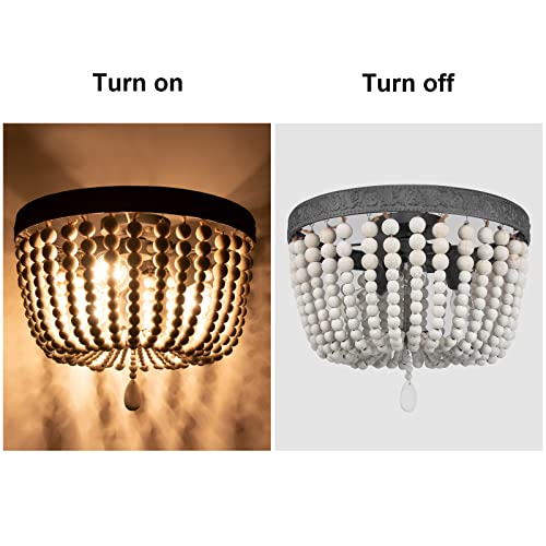 Jeuneu Bohemia Wood Beaded Flush Mount Ceiling Light Antique Rustic Pendant Light Gray-White Finishing For Bedroom Kitchen Island Farmhouse Hallway Entryway Passway Dining Room 3-Light #TOP5