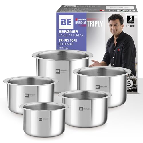 Image of Bergner BE Essentials 5 Pcs Tope Set Triply Stainless Steel Topes with Sizes 14cm (1L) 16cm (1.5L) 18cm (2.5L) 20cm (3L) 22cm (4.5L) Easy to Clean Induction Bottom and Gas Stove Ready