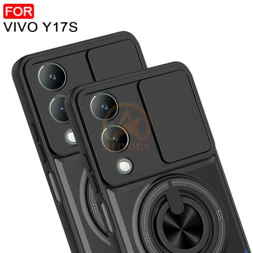 Image of Vivo Y17S / Vivo Y28 5G Back Cover | Armor Camera Slider 360 Degree Rotating Finger Ring Holder Case with Bracket Stand Back Case Cover (Compatible with MagSafe Accessories) (Black)