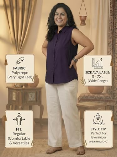 Image of Women Plus Size Sleeveless Button Down Shirt Polyester Formal Office Casual Wear Classic Fit Professional Shirt