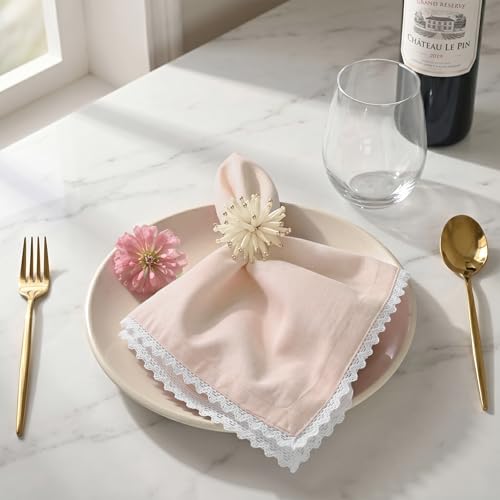Image of FINGERCRAFT Lace Trim Cloth Napkins Set of 6, 20x20 Inch Cotton Linen Blend Dinner Napkins, Reusable Washable Table Napkins for Wedding, Farmhouse Dining, Parties & Home Decor (Peach)