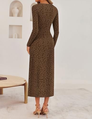 ZESICA Women's Fall Floral Long Sleeve Bodycon Dress 2025 Elegant V Neck Cocktail Party Long Midi Dresses3