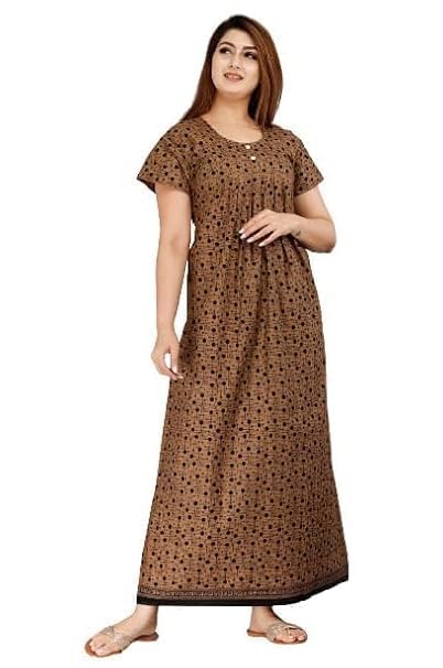Image of NILOUFO Women's Cotton Printed Maxi Nighty - Pack of 2 | Soft Ankle-Length Sleepwear Gowns for Women | Free Size Night Dresses (Brown,Purple, Free Size)
