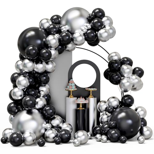 Kit de guirnalda de arco de globos negros y plateados, 134 globos metálicos cromados plateados y negros con diferentes tamaños para cumpleaños, graduación, baby shower, decoración de fiesta de Año