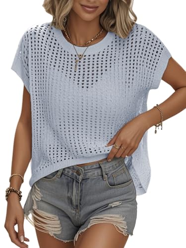 Image of Womens Summer Crochet Tops Hollow Out Cap Sleeve Cover Up Tank Top Pullover Sweater Vest Beach Vacation Clothes