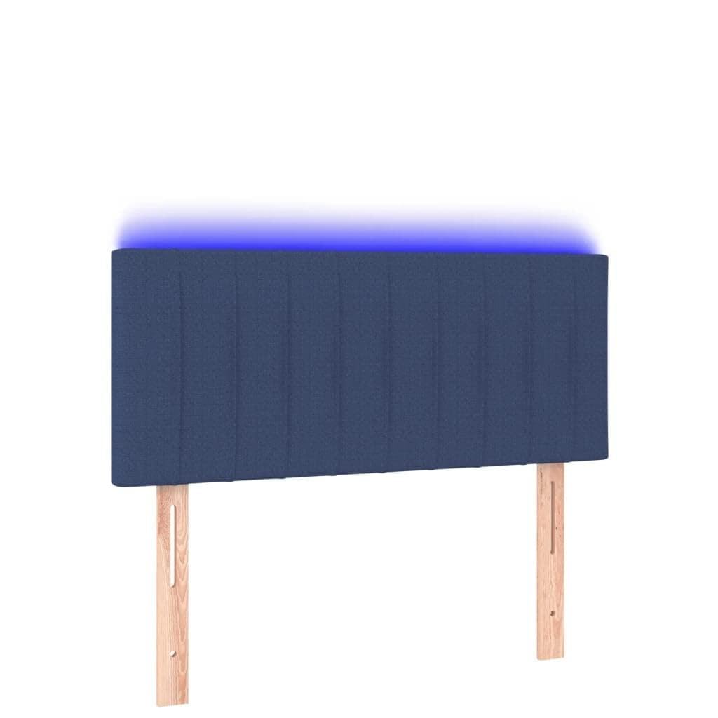 Cabecero de cama LED azul, 90 × 5 × (78 – 88) cm, altura regulable, con tiras LED acolchadas de tela y madera