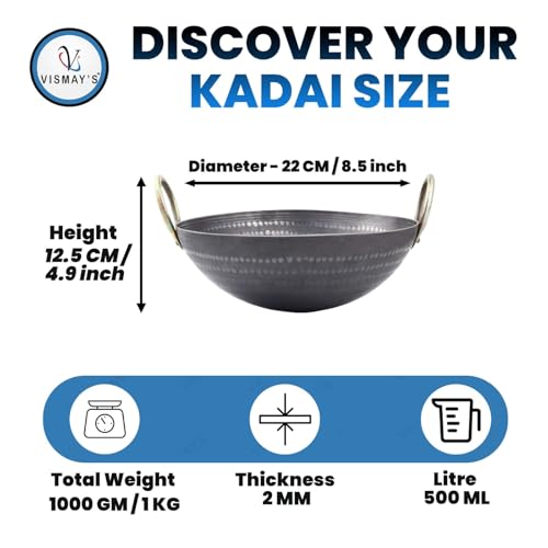 Image of VISMAY'S 500 ML 8.5 inch Food Grade Iron Kadai India's 1st Smooth Edge Kadhai Strong Riveted Handle Traditional Frying Pan Wok Hammered Heavy Base Metal Spoon Friendly Works on Gas and Induction
