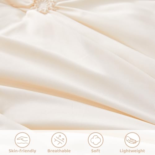 Image of Princess Toddler Bedding Set for Girls, 4 Piece Ruffles Jacquard Embroidery Toddler Bed Sheets with Boho Toddler Comforter, Fitted Sheet, Flat Sheet and Pillowcase, Beige