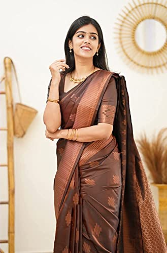 Image of C J Enterprise Women's Pure Banarasi Saree Kanjivaram Silk Sarees Soft Design Wear Pattu Sarees Party Cotton With Blouse Piece Kanchipuram For Wedding Sadi New 2024 2025 (GolaLine-51) (Brown)