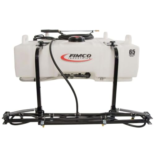 FIMCO 5302830 UTV Sprayer 65 Gallon Tank 4.5 GPM 12V Diaphragm Pump 7 Nozzle Folding Boom 12 Ft Coverage 25 Ft Hose Adjustable Wand TeeJet AIXR Tips Bed Mounted System