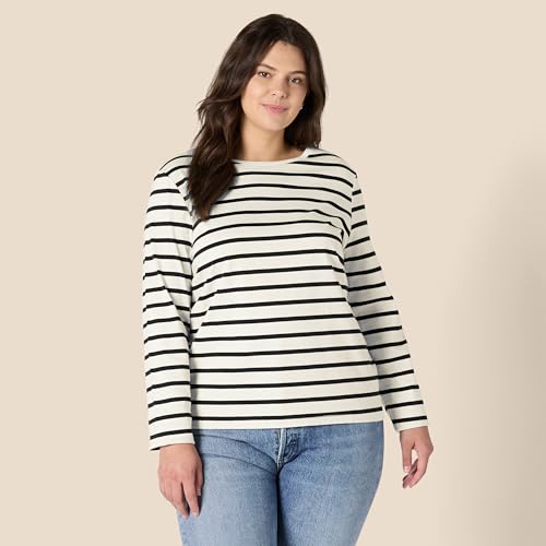 Amazon Essentials Camiseta de Cuello Redondo, Manga Larga, Corte Regular, 100% Algodón Mujer, Cáscara de Huevo Negro Mariner Rayas, M
