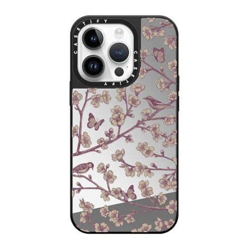 CASETiFY Magsafe �Ή��~���[ iPhone 14 Pro �P�[�X [���ː� / 1.5m����̗����������N���A / Magsafe �ɑΉ�] - Blooming Sakura Pink - �V���o�[ (�u���b�N�o���p�[)