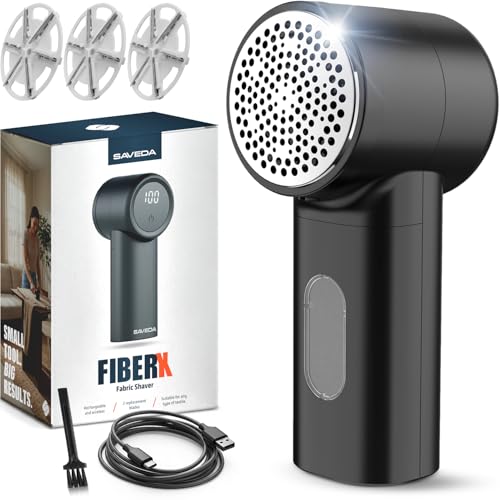 SAVEDA FiberX Fusselrasierer Elektrisch - Fusselentferner für 3 Einstellbaren Leistungsstufen - 6-Klingen-Kopf Fusselfräse für Verschiedene Stoffe Komplettset mit Type-C-Ladekabel und Reinigungsbürste