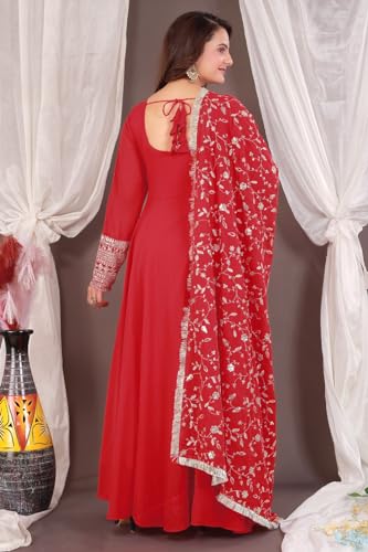 Image of ROYALICA Women's Georgette Gown Set with Solid Pattern Floor Length Round Neck Fit & Flare Full Sleeves Gown Pant and Embroidery Work Dupatta | Anarkali Gown Set for Women