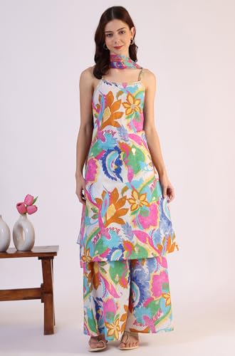 Image of W for Woman Orange Abstract Printed Tiered Spaghetti Kurta and Leggings Set with Dupatta