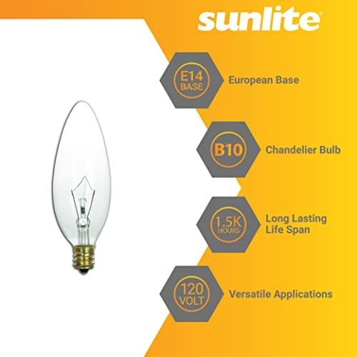 Sunlite 40099 Incandescent Torpedo Tip Clear Chandelier Light Bulb, 60 Watts, 550 Lumens, European Base (E14), Dimmable, For Chandeliers, Lamps, Fixtures, 12 Count #TOP2