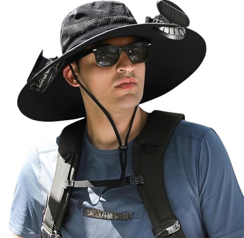 Image of Solar Powered Fan Hat for Men Women - Wide Brim Cooling Hat with 2 USB /Solar Charging Fans, Solar Fan hat - UPF50+ Sun Hat