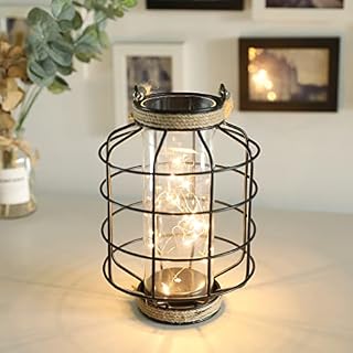 JHY DESIGN Metal Cage LED Lantern Battery Powered 24cm Tall Cordless Accent Light with 20pcs Fairy Lights Great for Weddings Parties Patio Events Indoors Outdoors