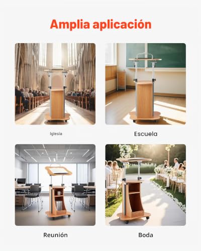 Miniatura 7 de Vevor Soporte De Podio De Madera Altura Ajustable 79,5-110 Cm Atril De Pie Con Ruedas, Amplia Superficie De Lectura, Estante De Almacenamiento Abierto Para Discursos, Conferencias, Presentaciones